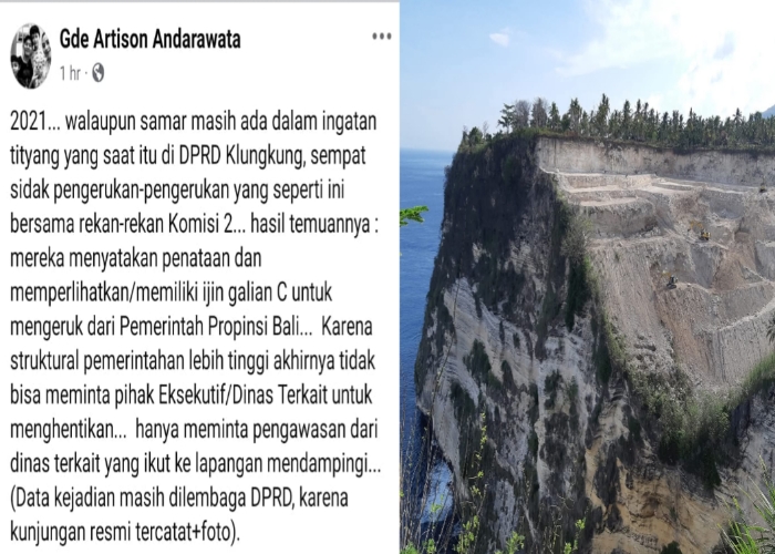 SEMARAPURA, BALINEWS.ID — Mantan anggota DPRD Klungkung, Gde Artison Andarawata, kembali menyoroti persoalan aktivitas pengerukan tebing dalam sebuah unggahan …