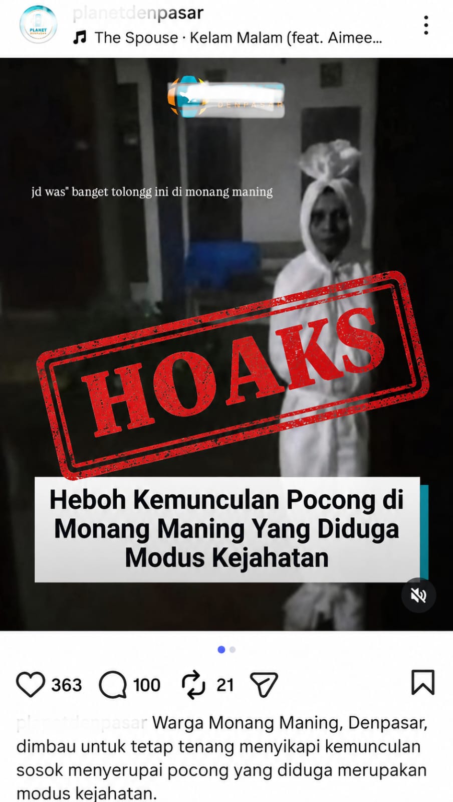 DENPASAR, BALINEWSID – Informasi viral mengenai kemunculan “pocong begal” di kawasan Monang Maning, Denpasar Barat, yang sempat meresahkan masyarakat, dipastik…