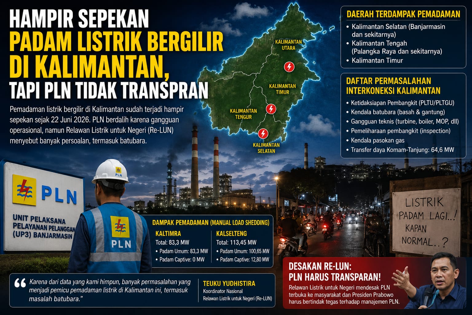 JAKARTA, BALINEWS.ID – Pemadaman listrik bergilir di sejumlah wilayah Kalimantan dilaporkan telah berlangsung hampir sepekan sejak Senin (22/6/2026). Kondisi t…