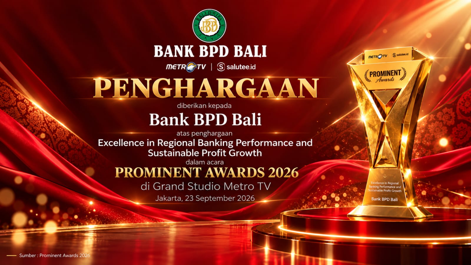 Konsistensi Pertumbuhan dan Kinerja Solid, Bank BPD Bali Raih Penghargaan Prominent Awards 2026