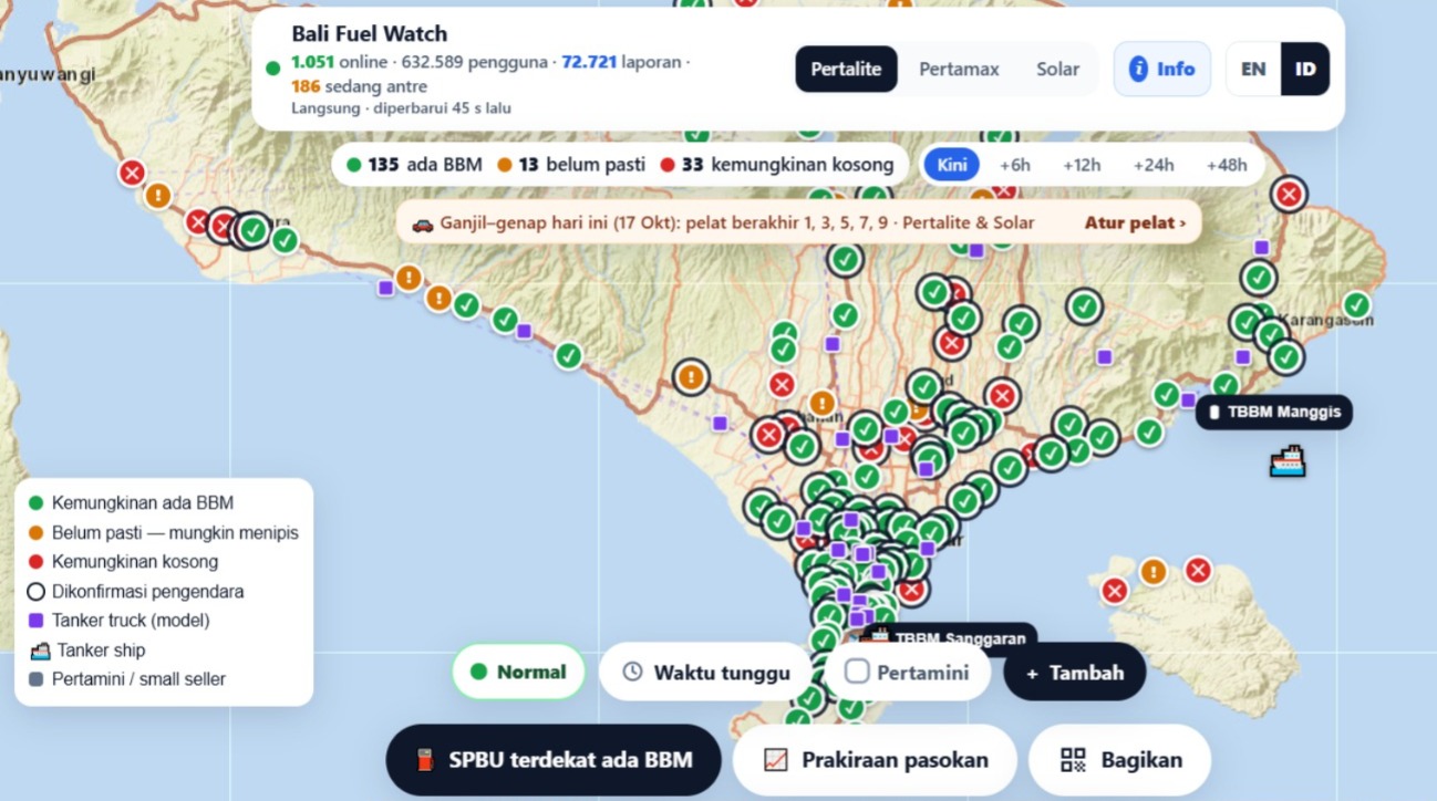 Peta sebaran SPBU terlihat hijau di beberapa wilayah.