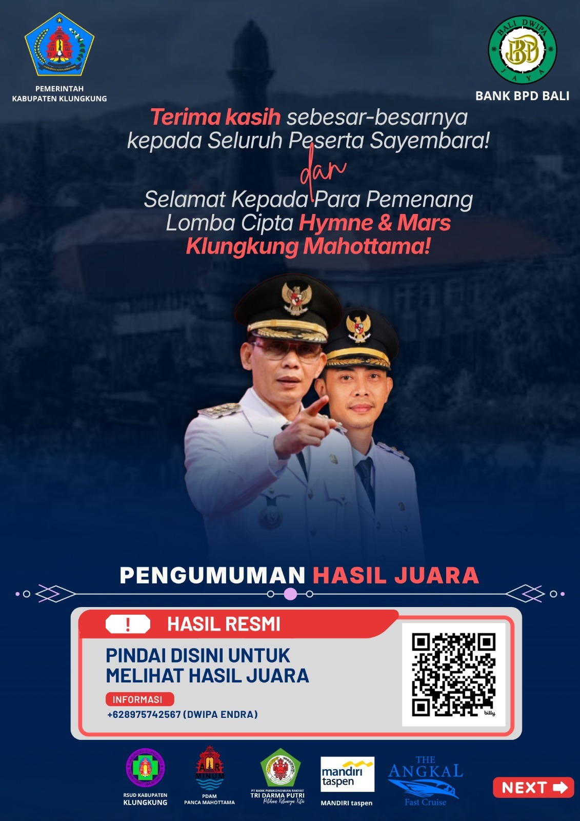 Badan Riset dan Inovasi Daerah (BRIDA) Kabupaten Klungkung menetapkan para pemenang Sayembara Cipta Hymne dan Mars Klungkung Mahottama. 
