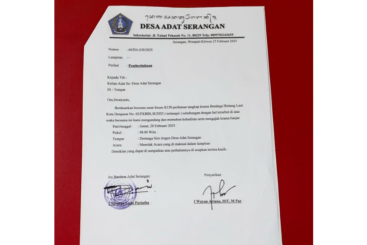 Surat penolakan yang ditandatangani Jro Bendesa Serangan.