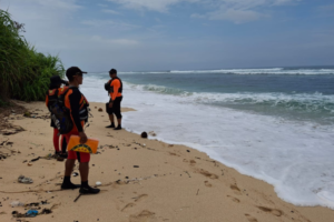Tim SAR gabungan melakukan pencarian WNA asal China yang hilang terseret arus di Pantai Nyang-Nyang, Badung, Minggu (16/3/2025).