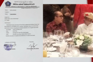 Surat penolakan yang ditandatangani Jro Bendesa Adat Serangan (kiri) dan Ketua MDA Bali, Ida Penglingsir Agung Putra Sukahet, terlihat duduk satu meja dengan Komisaris Utama PT BTID, Tantowi Yahya, dalam acara perayaan ulang tahun ke-65 Kaisar Jepang (kanan).