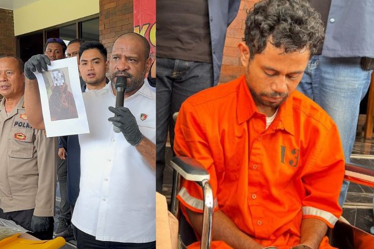 Viktorius Ariano Pukul, pelaku perampokan dan pelecehan di Kuta Selatan, digiring ke Mapolresta Denpasar menggunakan kursi roda pada Senin (19/5).