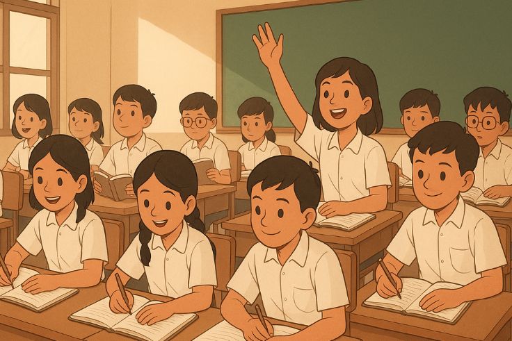 Ilustrasi siswa belajar dikelas.
