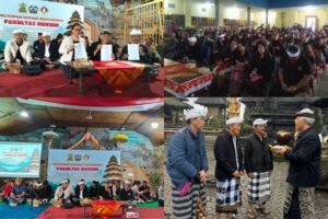 Fakultas Hukum Unmas Denpasar bersama masyarakat Desa Batur Selatan saat melaksanakan kegiatan bersih-bersih di area Pura Batur, Sabtu, 24 Mei 2025.