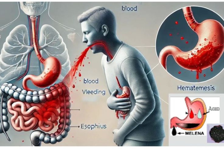 Ilustrasi penderita dengan gejala melena dan kondisi yang terjadi di dalam tubuhnya.