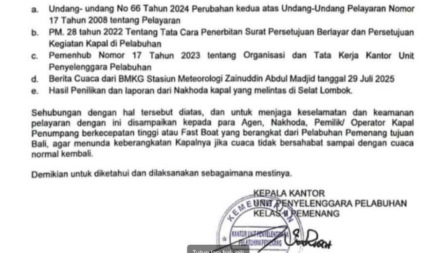 Pengumuman penutupan penyeberangan Fastboat di Pelabuhan Pemenang.