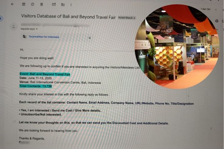 Email penipuan yang mencatut nama BBTF 2025 beredar di kalangan pelaku pariwisata.