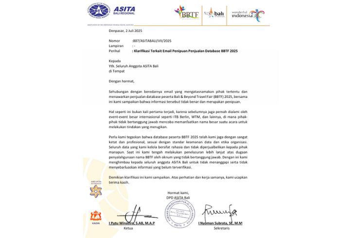 Official statement from ASITA Bali addressing the circulation of fraudulent emails related to BBTF 2025.