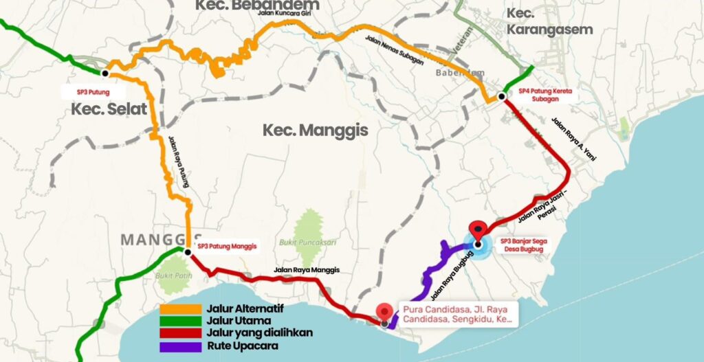 Peta pengalihan arus jalur Denpasar-Karangasem karena upacara di Desa Bugbug, Karangasem, Minggu (13/7/2025).