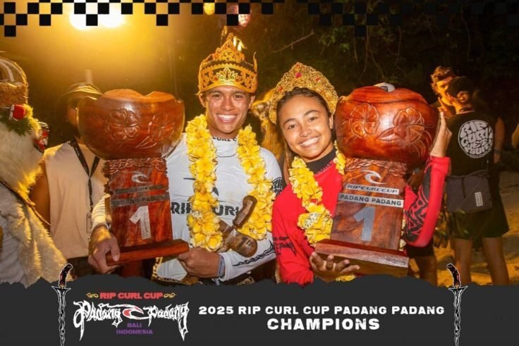 Westen Hirst and Jasmine Studer celebrate their victories at the 2025 Rip Curl Cup Padang Padang.