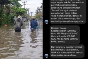 Kondisi banjir di bali (kiri) dan tangkapan layar terkait donasi (kanan)