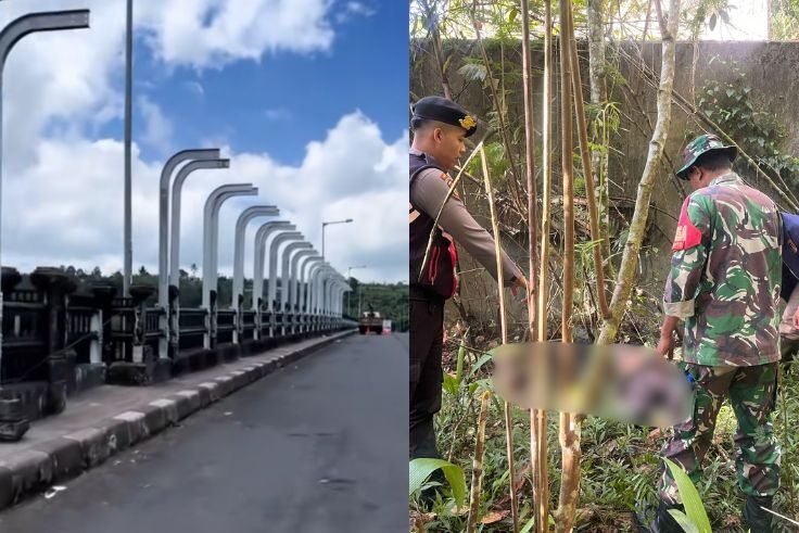 Pemasangan railing di Jembatan Tukad Bangkung (kiri) dan foto petugas mengevakuasi jasad korban (kanan).