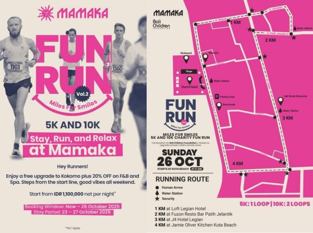 Mamaka Fun Run Vol. II on Sunday, 26 October 2025, inviting participants to “Run for Miles, Run for Smiles” along Kuta’s scenic shoreline.
