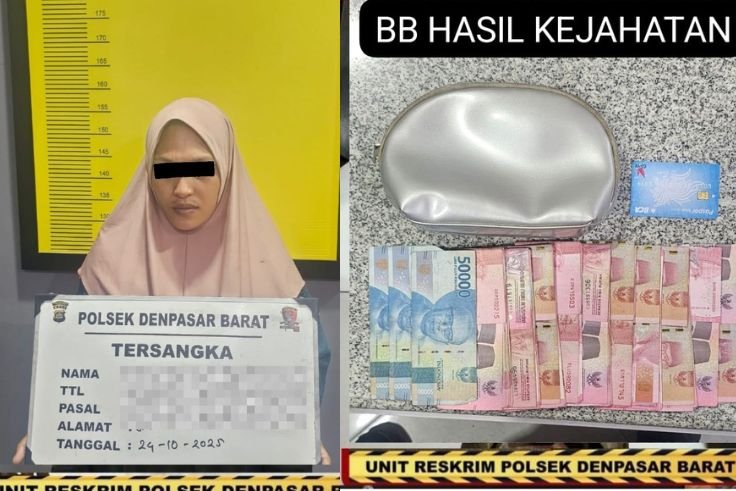 Pelaku EW (26) bersama barang bukti hasil curian saat diamankan Unit Reskrim Polsek Denpasar Barat. (Foto: Istimewa)