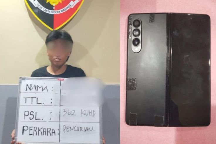 Kolase foto pelaku pencurian bersama barang bukti handphone lipat yang berhasil diamankan Unit Reskrim Polsek Denpasar Timur.
