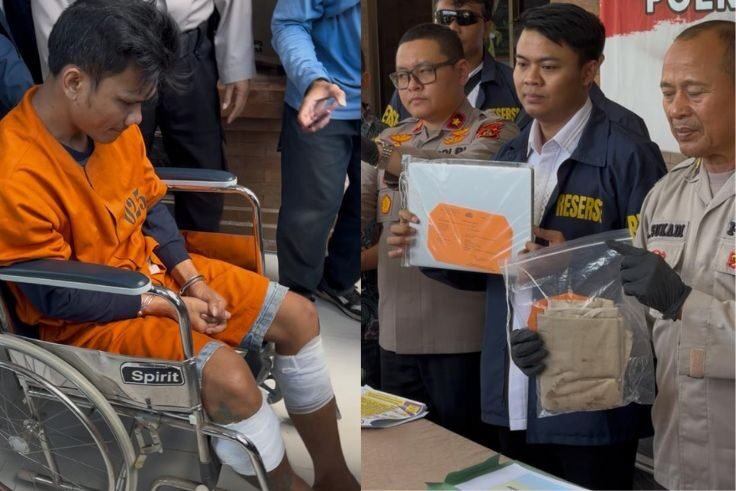 Tersangka Kamal Mopangga didorong menggunakan kursi roda setelah dilumpuhkan polisi (kiri), Petugas menunjukkan sejumlah barang bukti yang disita (kanan)