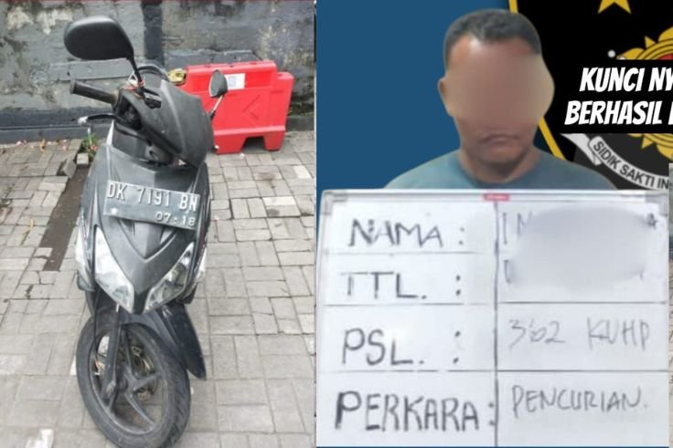 Pelaku berinisial INS dan barang bukti sepeda motor hasil curiannya.