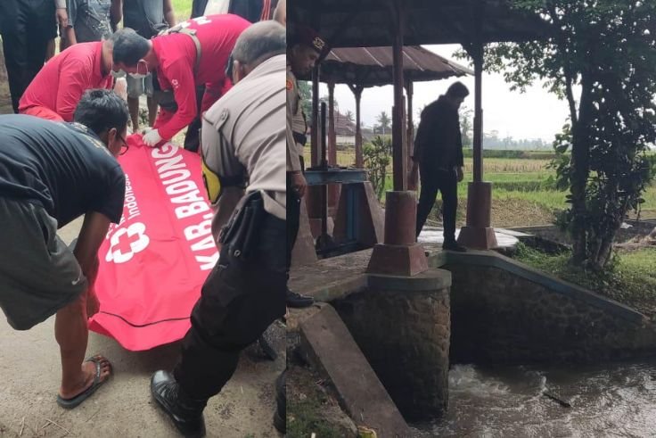 Proses evakuasi jenazah pelajar yang tenggelam di DAM Subak Tegan.