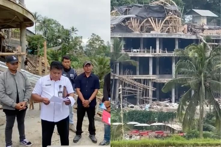Petugas gabungan dari OPD teknis dan Satpol PP Kabupaten Gianyar melakukan pemeriksaan dan validasi perizinan bangunan proyek restoran PT The Raz Sadajiwa di kawasan Ceking, Tegallalang, Rabu (28/1/2026).