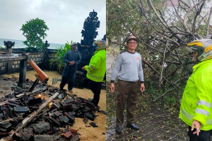 Personel Polsek Kuta Selatan memantau kerusakan Bale Banten dan pohon tumbang akibat hujan deras disertai angin kencang di Kelurahan Benoa, Badung.