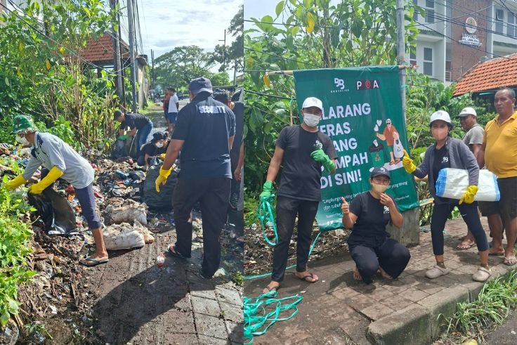 Relawan membersihkan tumpukan sampah yang dibuang secara ilegal di kawasan Jayakerta, Gianyar.