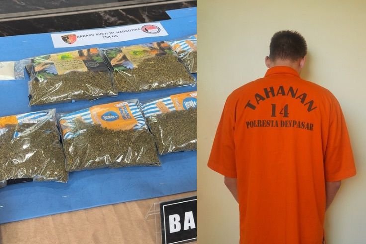 WNA asal Belarusia diamankan di Mapolresta Denpasar beserta barang bukti ganja dan kokain.