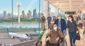 Ilustrasi suasana bandara dan ikon kota Jakarta.