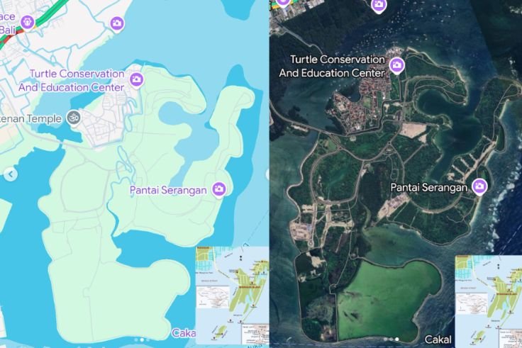 Peta 1: Pulau Serangan ketika baru dibangun jembatan penghubung Pulau Bali dan Pulau Serangan awal tahun 1990an. Peta 2: Ketika puluhan hektar hutan bakau/mangrove telah dibabat dan ratusan hektar padang lanun dan terumbu karang pesisir Pulau Serangan telah diurug direklamasi.