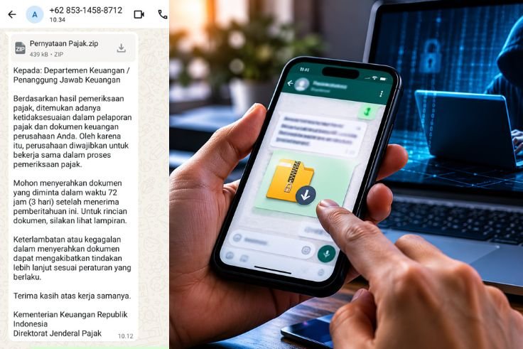Pesan yang dikirimkan oleh oknum diduga penipu (kiri) dan foto ilustrasi (kanan)