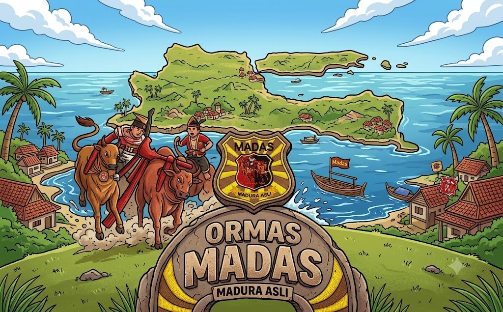 Ilsutrasi ormas Madas dengan latar belakang Pulau Madura.