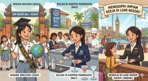 Ilustrasi pelajar SMA melanjutkan kuliah di bidang pariwisata.