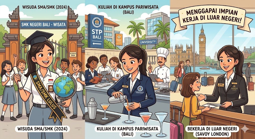 Ilustrasi pelajar SMA melanjutkan kuliah di bidang pariwisata.