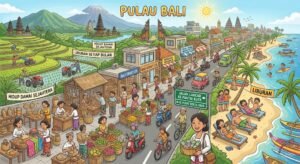 Ilustrasi aktivitas di Pulau Bali mengenai tenaga kerja.