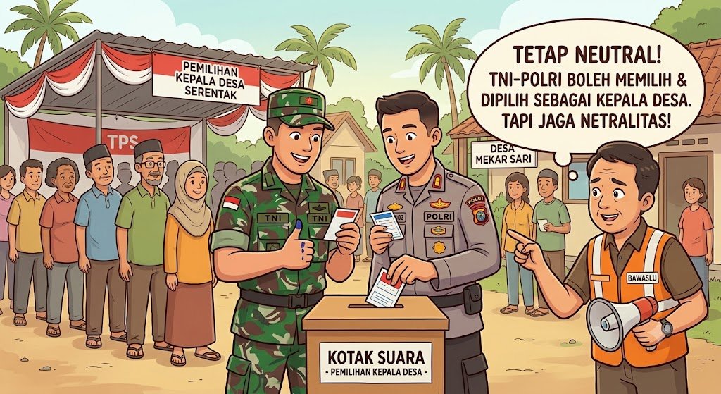 Ilustrasi tentara dan polisi mencoblos kepala desa