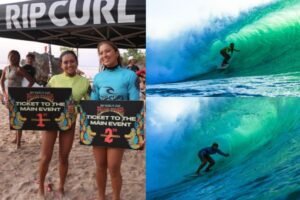 Taina Izquierdo celebrates after securing her place in the Rip Curl Cup Padang Padang 2026 Main Event by winning the Women's Local Trials at Bali's iconic Padang Padang Beach.
