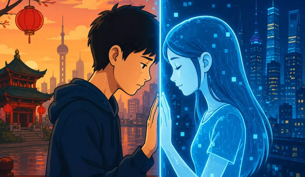 Ilustrasi kartun seorang pria membangun hubungan emosional dengan AI companion di tengah latar kota futuristik China, menggambarkan fenomena pacaran dengan kecerdasan buatan yang menjadi perhatian pemerintah.