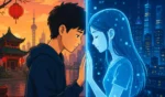 Ilustrasi kartun seorang pria membangun hubungan emosional dengan AI companion di tengah latar kota futuristik China, menggambarkan fenomena pacaran dengan kecerdasan buatan yang menjadi perhatian pemerintah.
