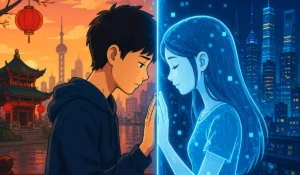 Ilustrasi kartun seorang pria membangun hubungan emosional dengan AI companion di tengah latar kota futuristik China, menggambarkan fenomena pacaran dengan kecerdasan buatan yang menjadi perhatian pemerintah.