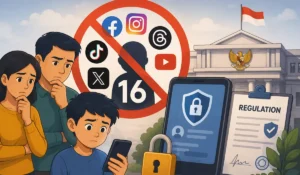 Ilustrasi kartun kebijakan baru Indonesia yang melarang anak di bawah 16 tahun memiliki akun media sosial, menyoroti keamanan digital, verifikasi usia, dan peran orang tua.