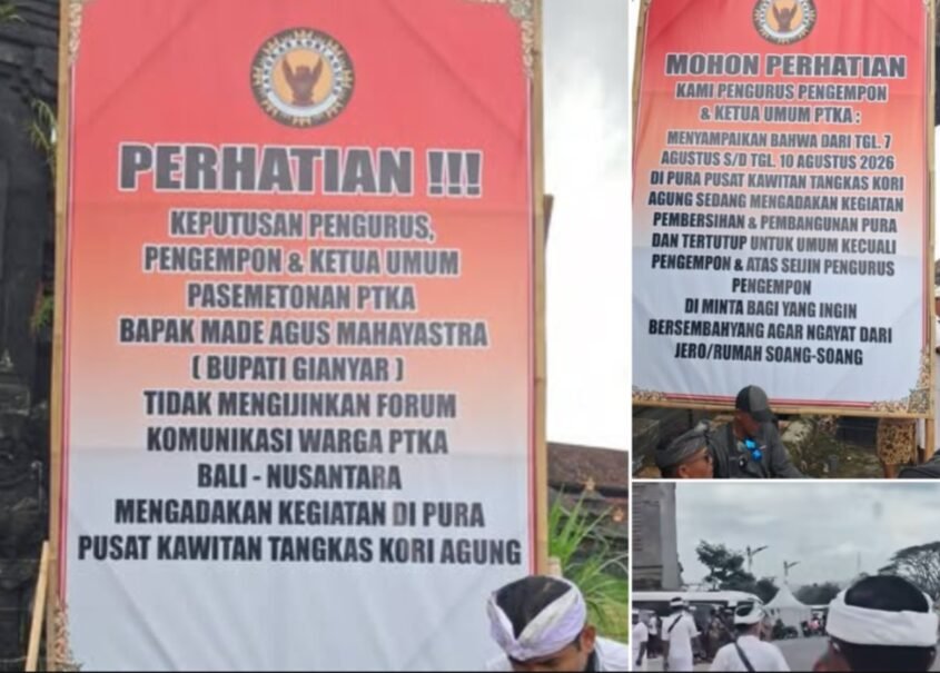 Baliho raksasa di depan pura bertuliskan Made Mahayastra (Bupati Gianyar).