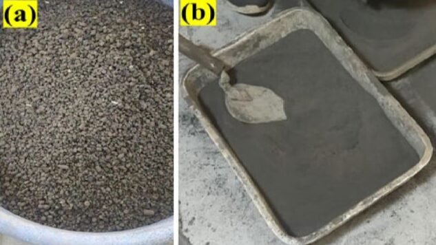 Biochar lumpur tinja sebelum (kiri) dan setelah digiling serta diayak untuk digunakan sebagai bahan campuran beton. Sumber: Tiwari et al., Scientific Reports, 2026