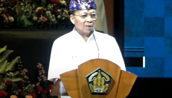 Gubernur Bali, Wayan Koster saat berpidato dalam Rapat Koordinasi Pemerintahan Daerah Provinsi.