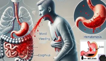 Ilustrasi penderita dengan gejala melena dan kondisi yang terjadi di dalam tubuhnya.