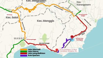 Peta pengalihan arus jalur Denpasar-Karangasem karena upacara di Desa Bugbug, Karangasem, Minggu (13/7/2025).